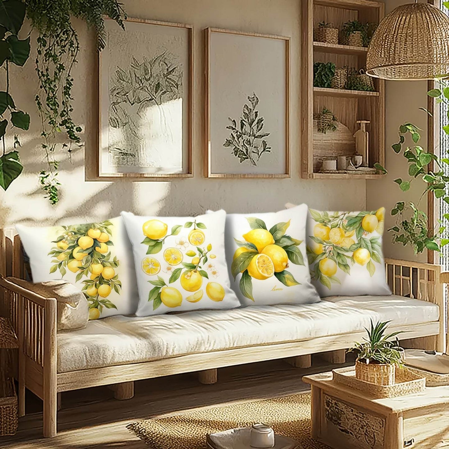 happy-prints.eu - 4er-Set sommerliche Zitronen Kissenbezüge – tolles Design für Frühling und Sommer