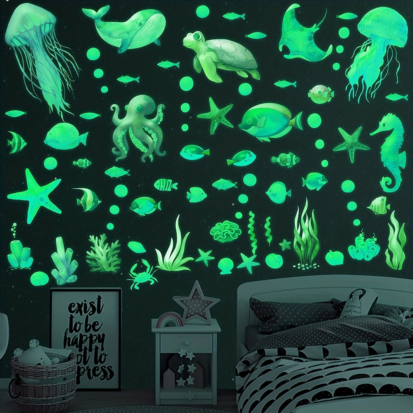 85-teiliges Set mit maritime Unterwasserwelt Wandaufkleber "Glow in the dark" mit Meerestiere, Seesterne, Pflanzen  – leuchtende Aufkleber in Blau oder Grün für Badezimmer, Kinderzimmer oder Wohnbereich
