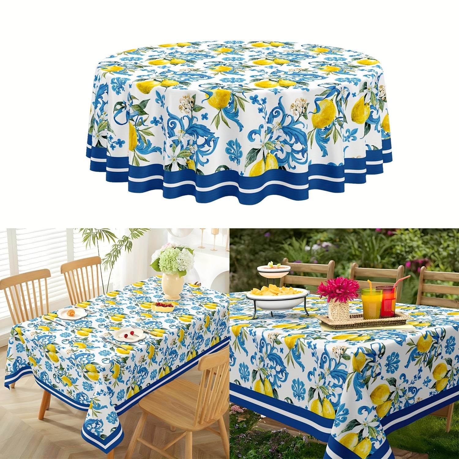 happy-prints.eu - Hübsche sommerliche Vintage Zitronen Blumen Tischdecke – rund oder rechteckig, maschinenwaschbar, 100 % Polyester
