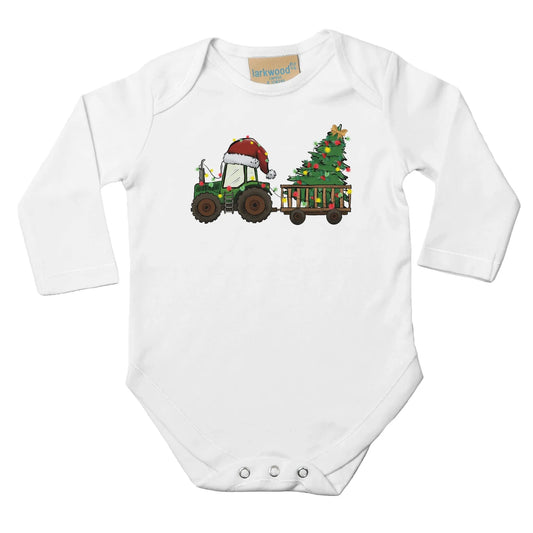 Unisex Baby Langarm Body mit Jungen Aufdruck Traktor mit Christbaum - für Weihnachten und Winter - 100% Baumwolle - Größe bis 18 Monate bzw. 86 - Strampler Body mit Muster -