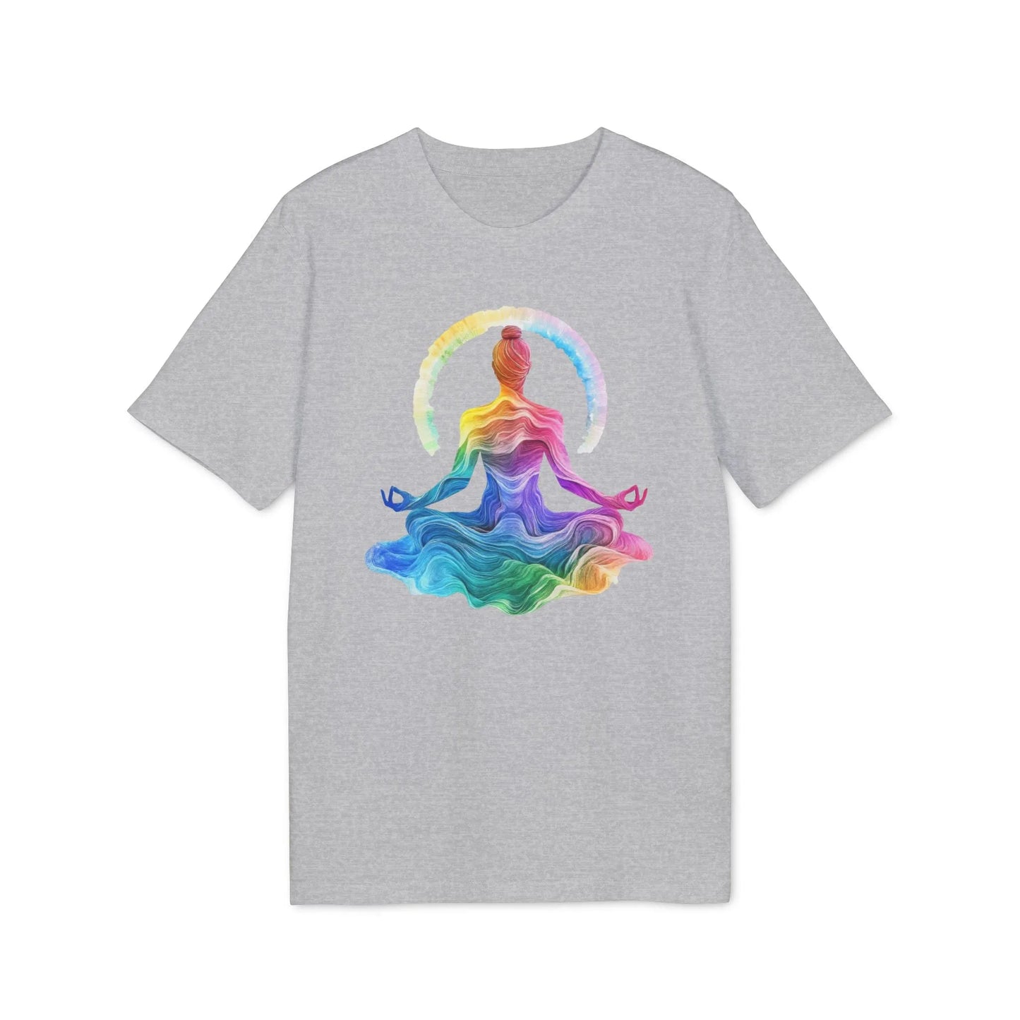 Unisex Yoga T-Shirt mit Aufdruck für Damen und Herren - Regenbogen Farben, kurzarm, 100% Bio Baumwolle, 180 g/m², in großen Größen, weiß und weitere Farben - Heather Grey