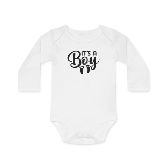 Langarm Baby und Kinder Bio Body mit Spruch "It´s a Boy" - Unisex Bodysuit mit Aufdruck für Neugeborene und Kleinkinder - 100% Bio Baumwolle, 200 g/m², bis 18 Monate bzw. 86cm - White