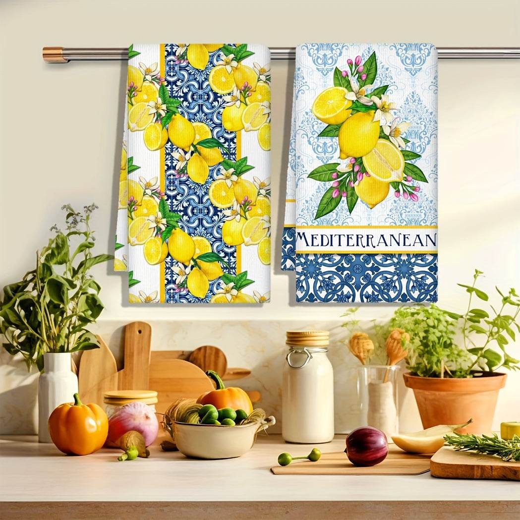 happy-prints.eu - 2er-Pack Vintage Zitronen Küchentücher in blau & weiß – 100 % Mikrofaser, 70x45 cm, maschinenwaschbar