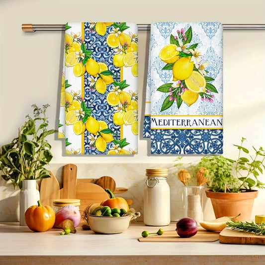 happy-prints.eu - 2er-Pack Vintage Zitronen Küchentücher in blau & weiß – 100 % Mikrofaser, 70x45 cm, maschinenwaschbar