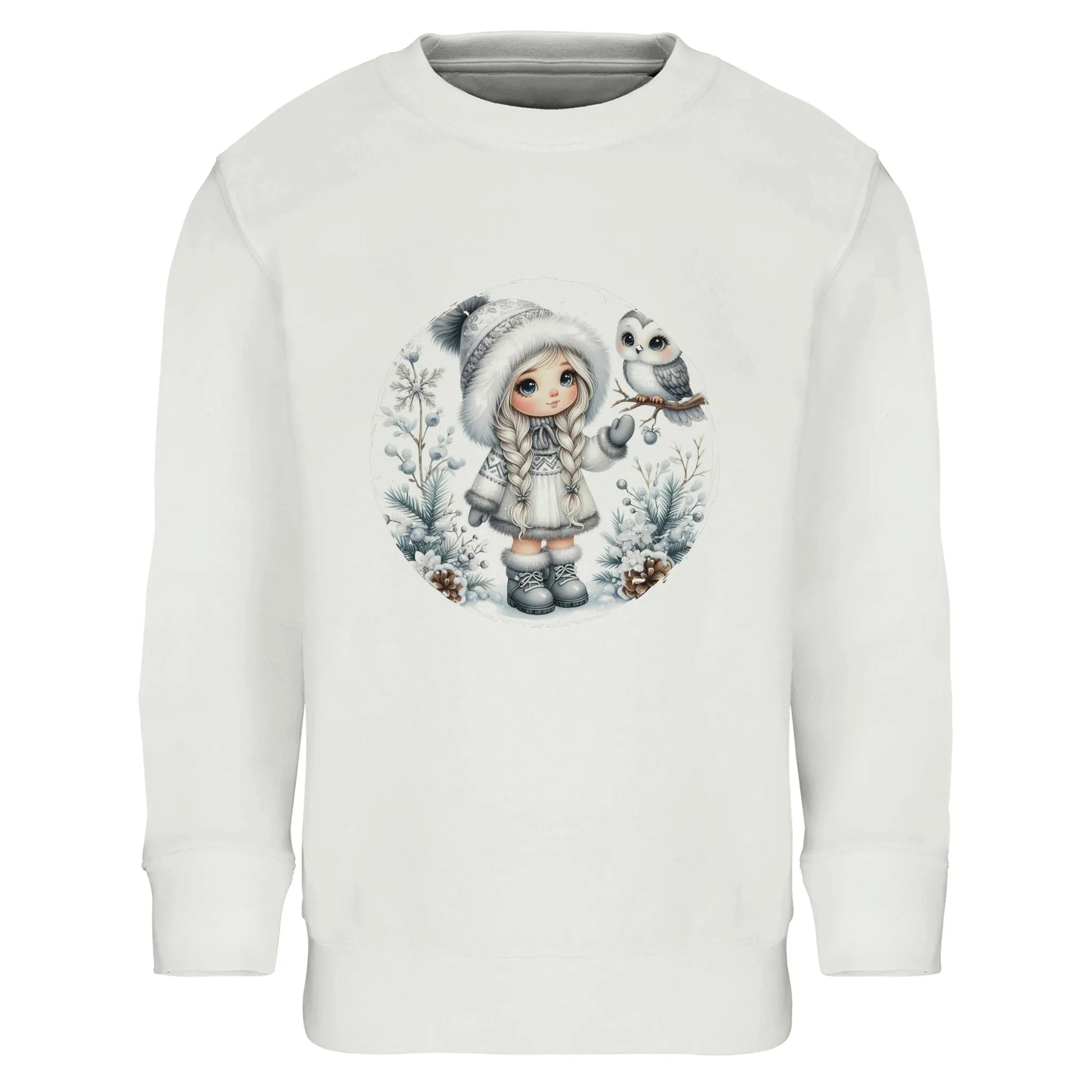 Kinder Sweatshirt mit Mädchen und Eule im Schnee - hübscher Print für Weihnachten und Winter - 4 bis 14 Jahre – in vielen Farben und Größen - gebürstet - Weiß
