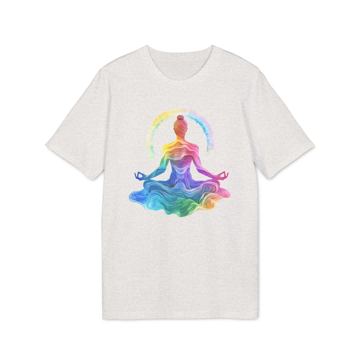 Unisex Yoga T-Shirt mit Aufdruck für Damen und Herren - Regenbogen Farben, kurzarm, 100% Bio Baumwolle, 180 g/m², in großen Größen, weiß und weitere Farben - Cool Heather Grey