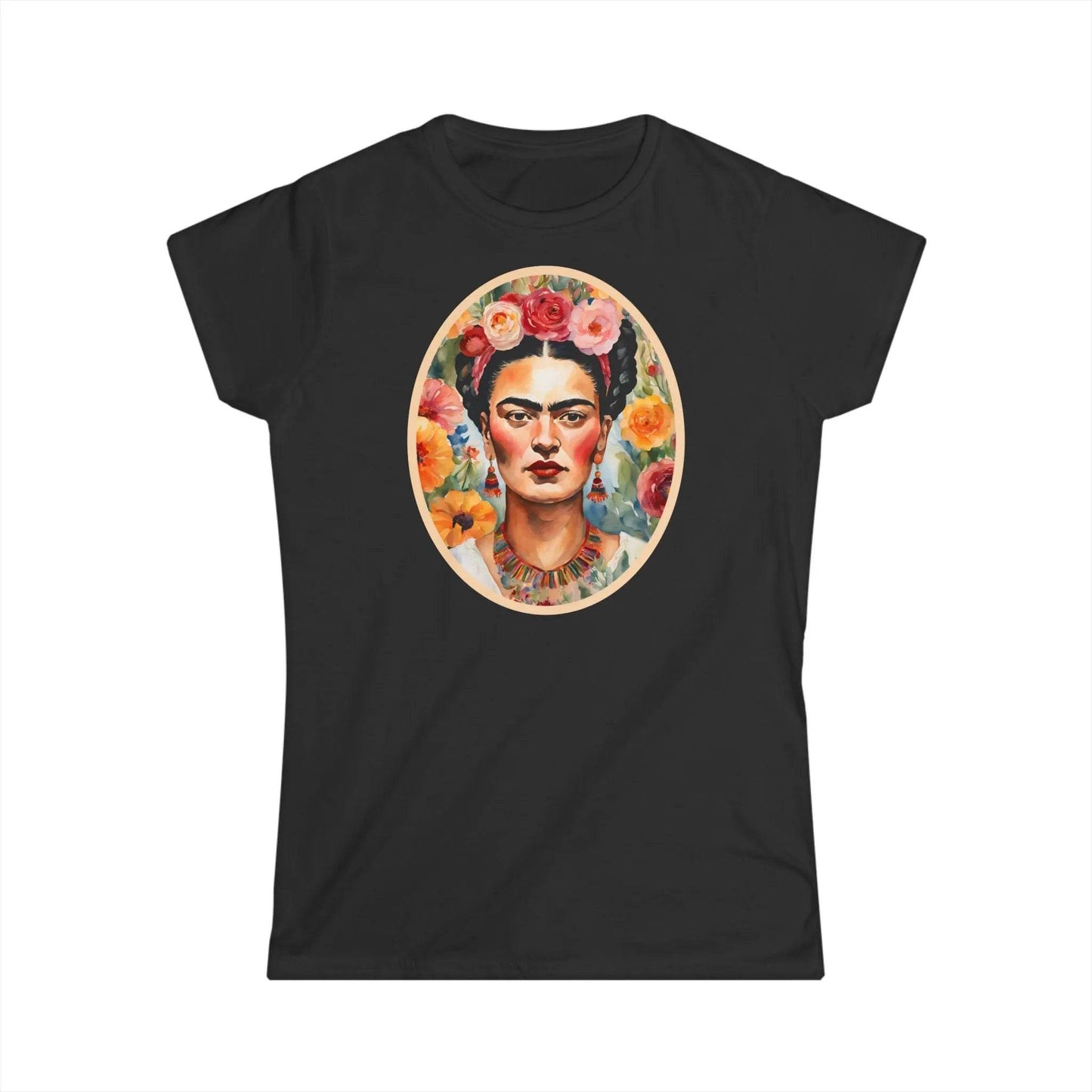Tailliertes Damen Kurzarm T-Shirt mit Aufdruck – Frida Kahlo im Blumen Meer - 100% Baumwolle - 153 g/m² - auch in großen Größen - viele Farben - Black