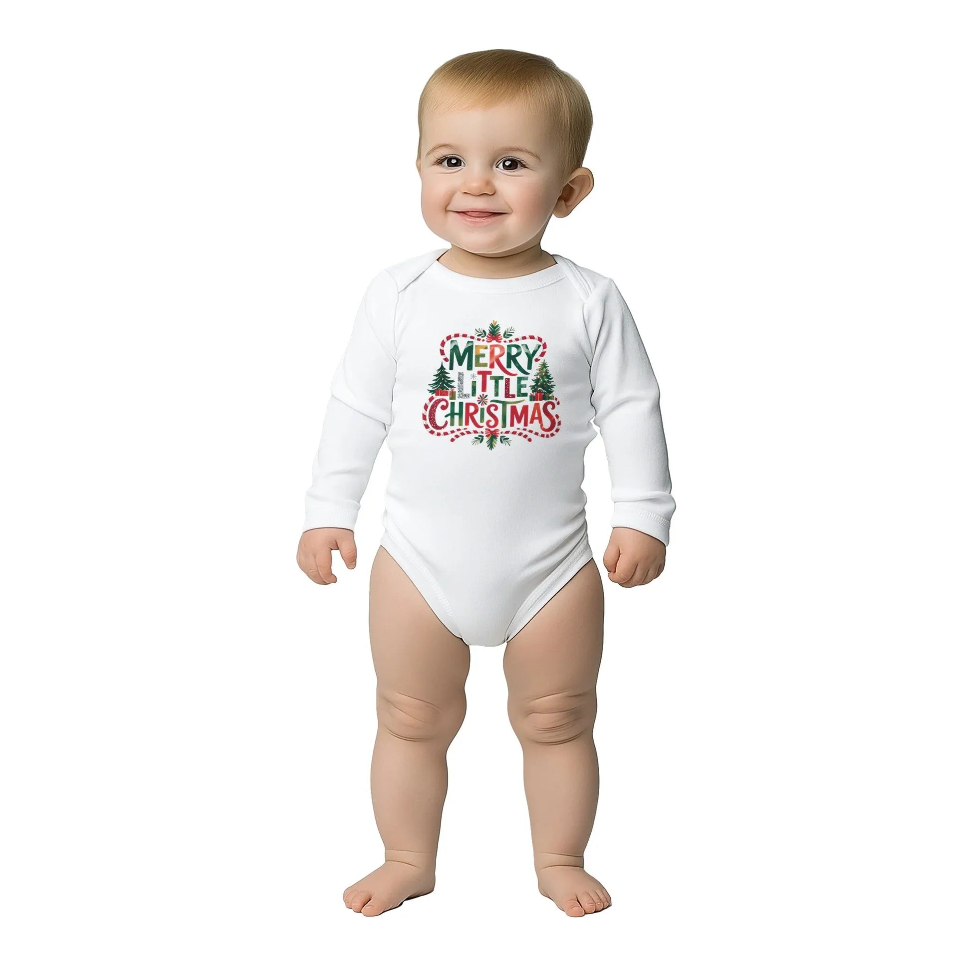 Unisex Baby Langarm Body mit Aufdruck - Merry little Christmas - für Weihnachten und Winter - 100% Baumwolle - Größe bis 18 Monate bzw. 86 - Strampler Body mit Muster -