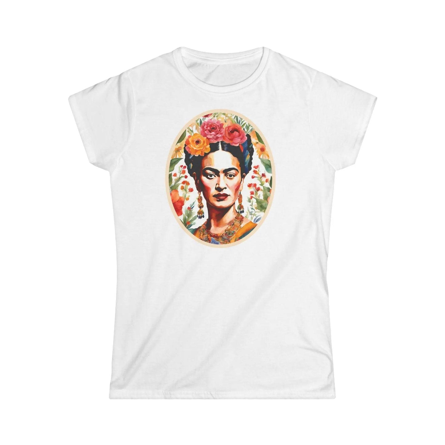 Tailliertes Damen Kurzarm T-Shirt mit Aufdruck – Frida Kahlo im Blumen Rahmen - 100% Baumwolle - 153 g/m² - auch in großen Größen - viele Farben - White