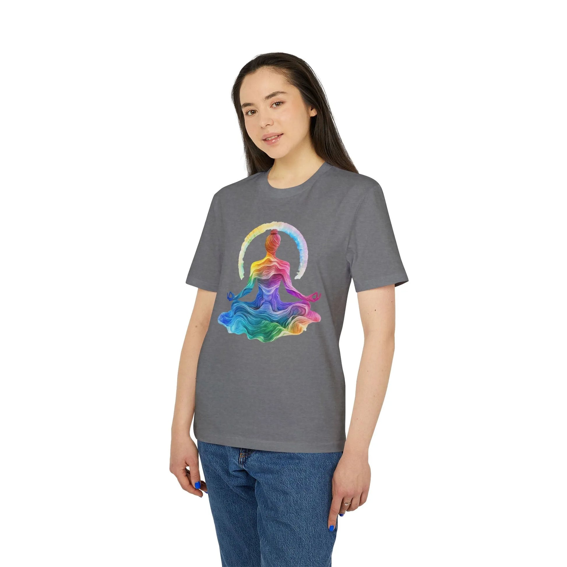 Unisex Yoga T-Shirt mit Aufdruck für Damen und Herren - Regenbogen Farben, kurzarm, 100% Bio Baumwolle, 180 g/m², in großen Größen, weiß und weitere Farben -
