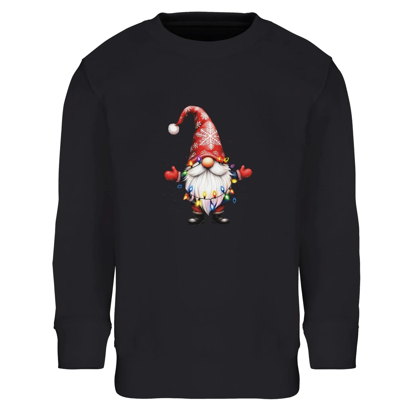 Unisex Kinder Sweatshirt mit süßem Gnom mit Lichterkette - Print für Weihnachten und Winter - 4 bis 14 Jahre - viele verschiedene Farben - Schwarz