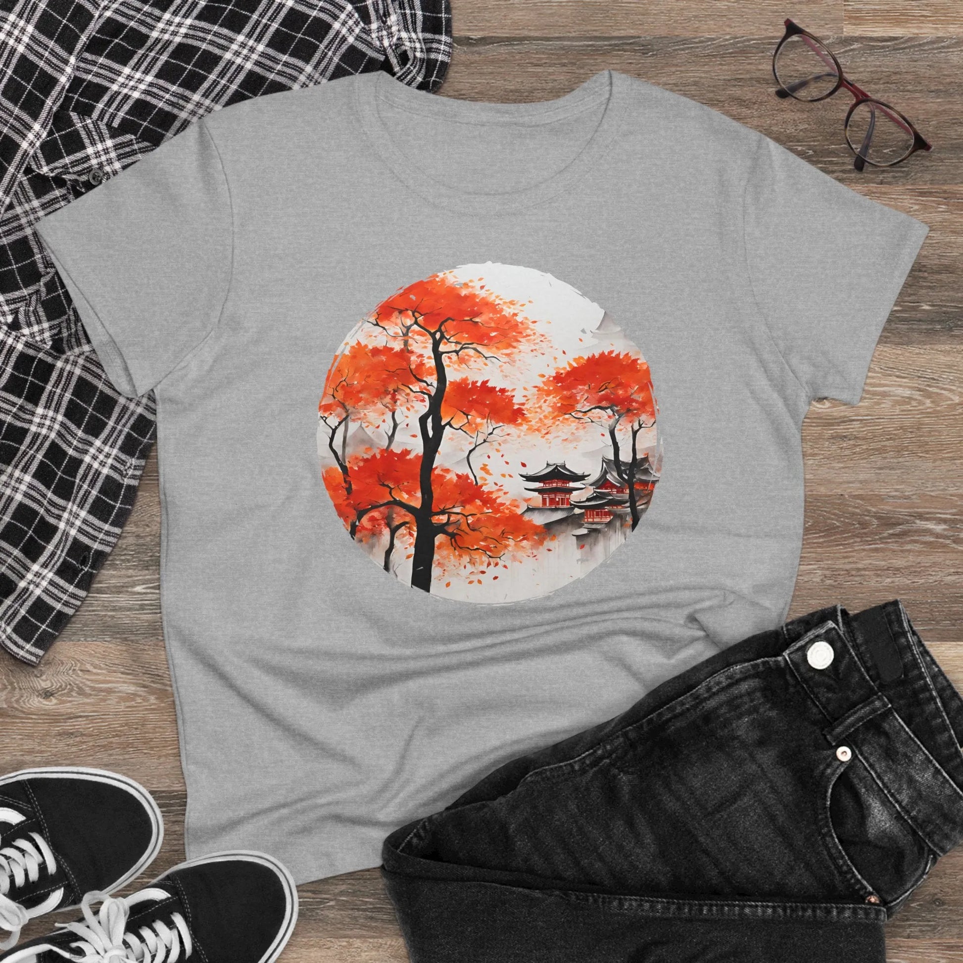 Damen Rundhals Shirt mit modernem Print - Abstrakte Landschaft in Japan - tailliertes Kurzarm T-Shirt für Frauen - auch in großen Größen - 100% Baumwolle - 180 g/m² -