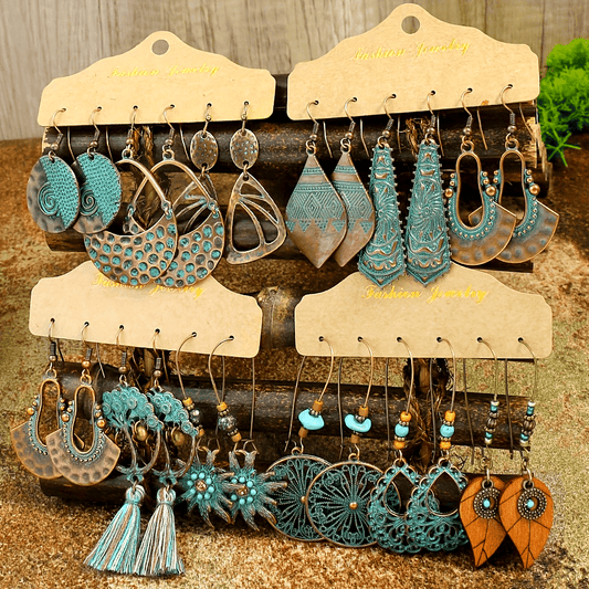 12 Paar Damen Ohrschmuck mit Tribal-Designs in Antikbronze, Vintage Hängeohrring-Set mit geometrischen Formen - Zinklegierung