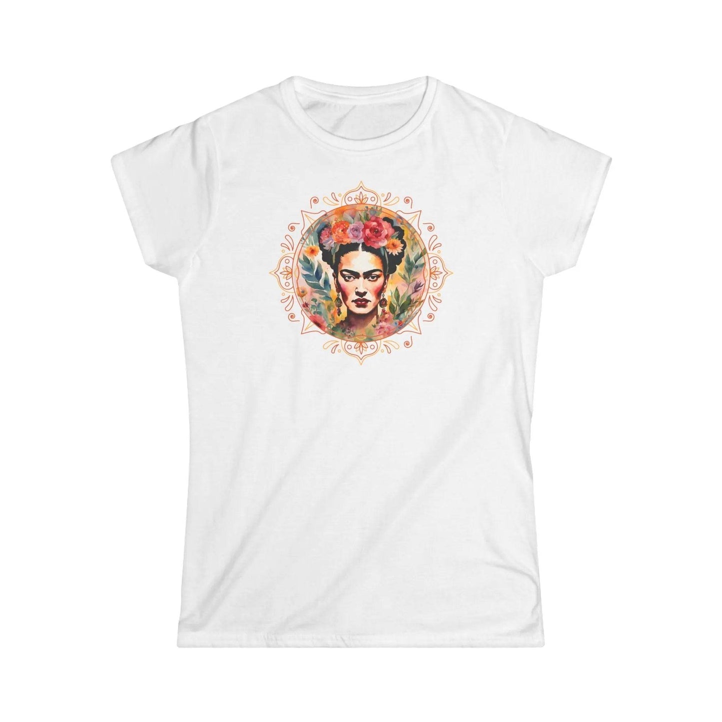 Tailliertes Damen Kurzarm T-Shirt mit Aufdruck – Frida Kahlo Print im Rahmen in gold orange - 100% Baumwolle - 153 g/m² - auch in großen Größen - viele Farben - White