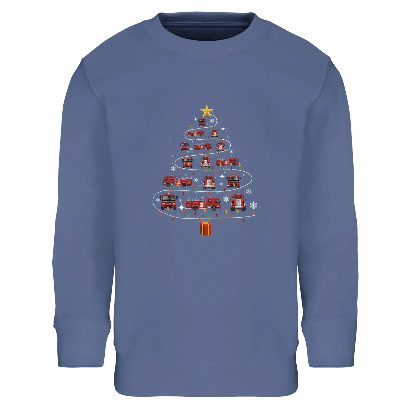 Kinder Sweatshirt mit Feuerwehr Fahrzeuge, Geschenk und Stern - Jungen Aufdruck für Weihnachten und Winter - 4 bis 14 Jahre - viele verschiedene Farben - Blue