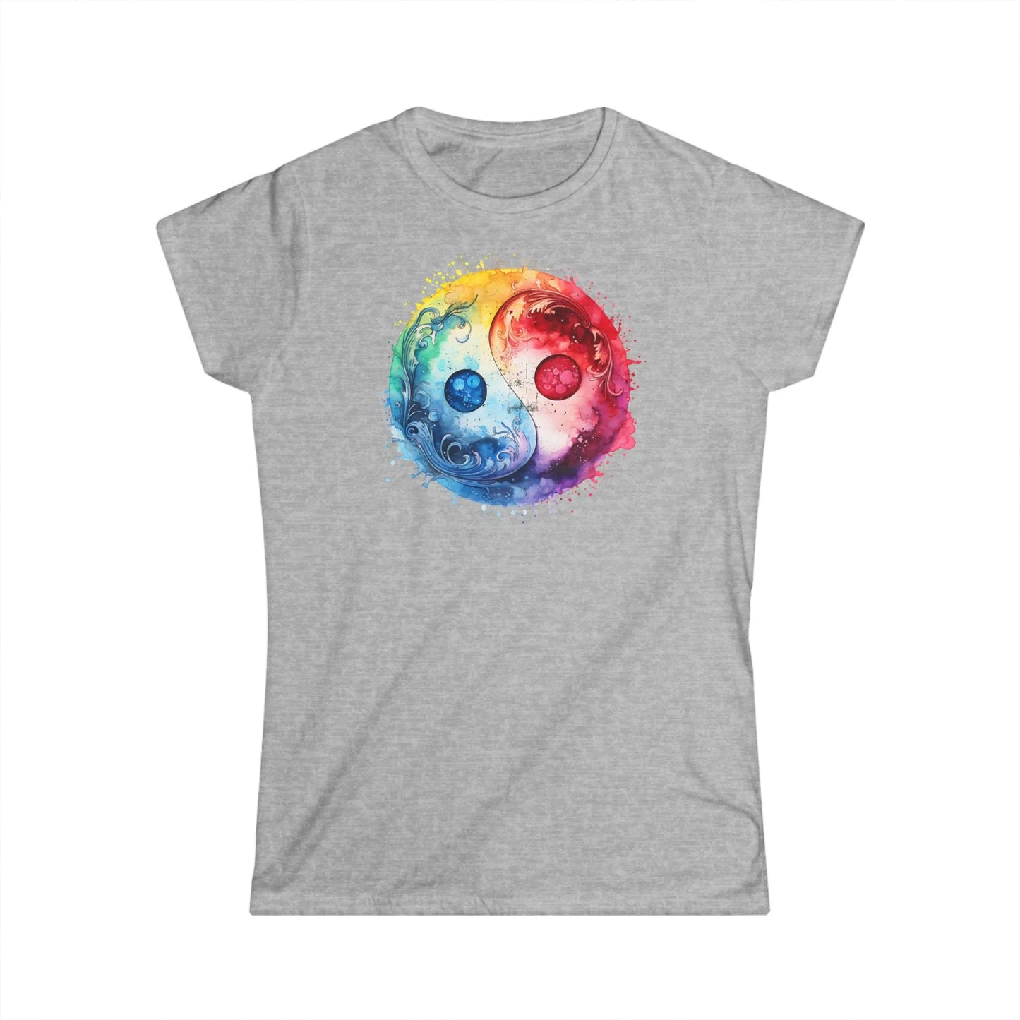Tailliertes Damen Kurzarm T-Shirt mit Aufdruck mit Yin Yang Motiv - 100% Baumwolle - 153 g/m² - auch in großen Größen – in vielen Farben - Sport Grey