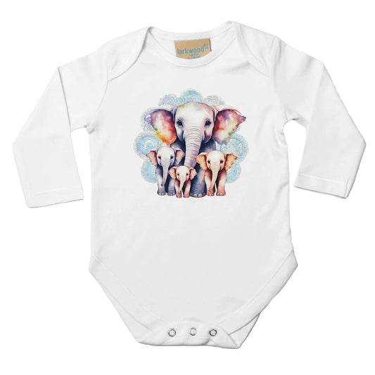 Unisex Baby Langarm Body mit Aufdruck - Mandala mit Elefantenfamilie - 100% Baumwolle - Größe bis 18 Monate bzw. 86 - Strampler Body mit Aufdruck -