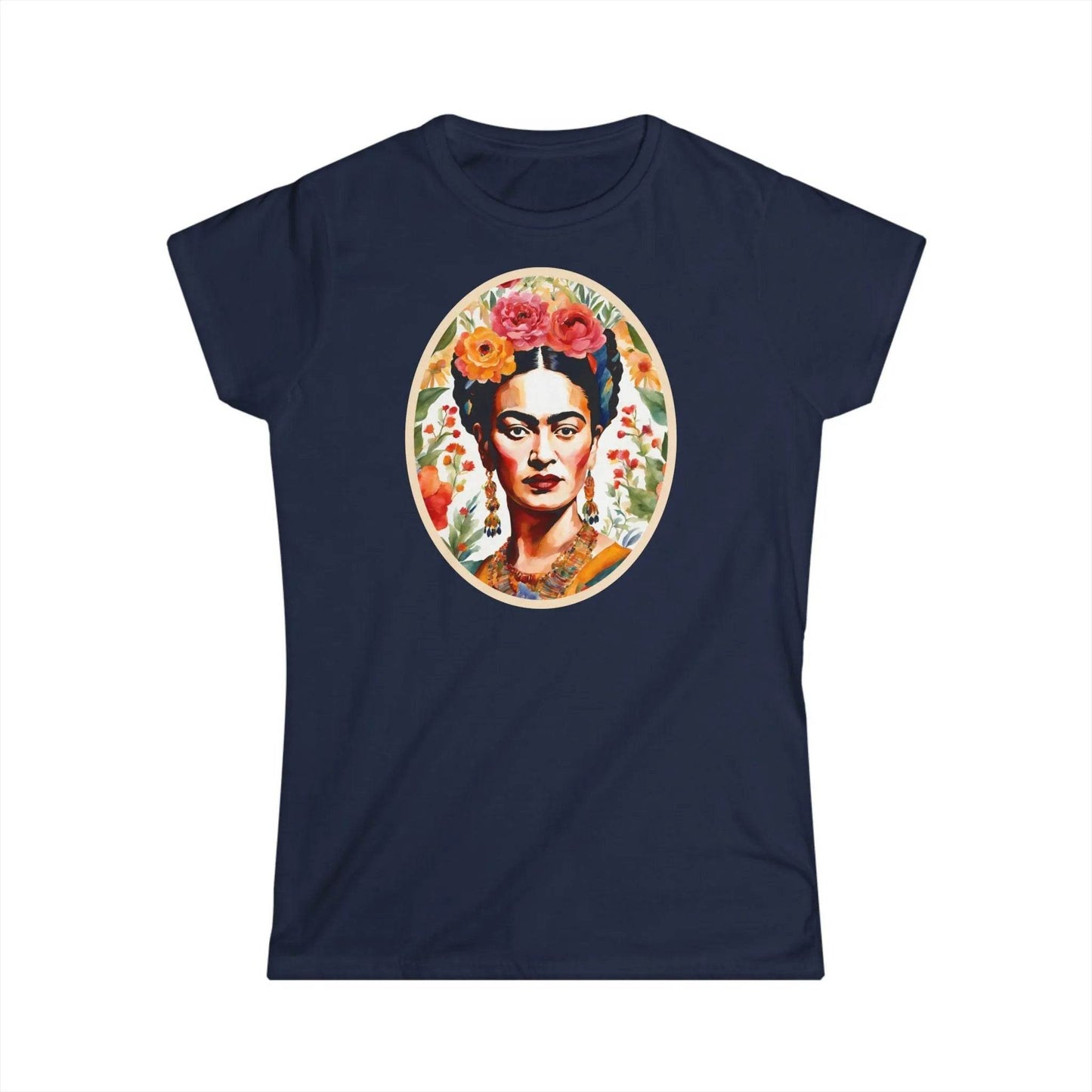Tailliertes Damen Kurzarm T-Shirt mit Aufdruck – Frida Kahlo im Blumen Rahmen - 100% Baumwolle - 153 g/m² - auch in großen Größen - viele Farben - Navy