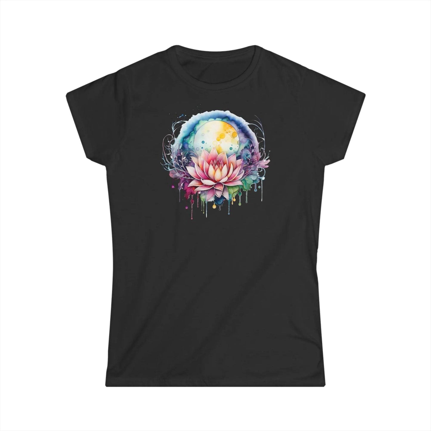 Tailliertes Damen Kurzarm T-Shirt mit Aufdruck – mit tollem Yoga Sonne und Lotusblumen Motiv - 100% Baumwolle - 153 g/m² - auch in großen Größen – in vielen Farben - Black