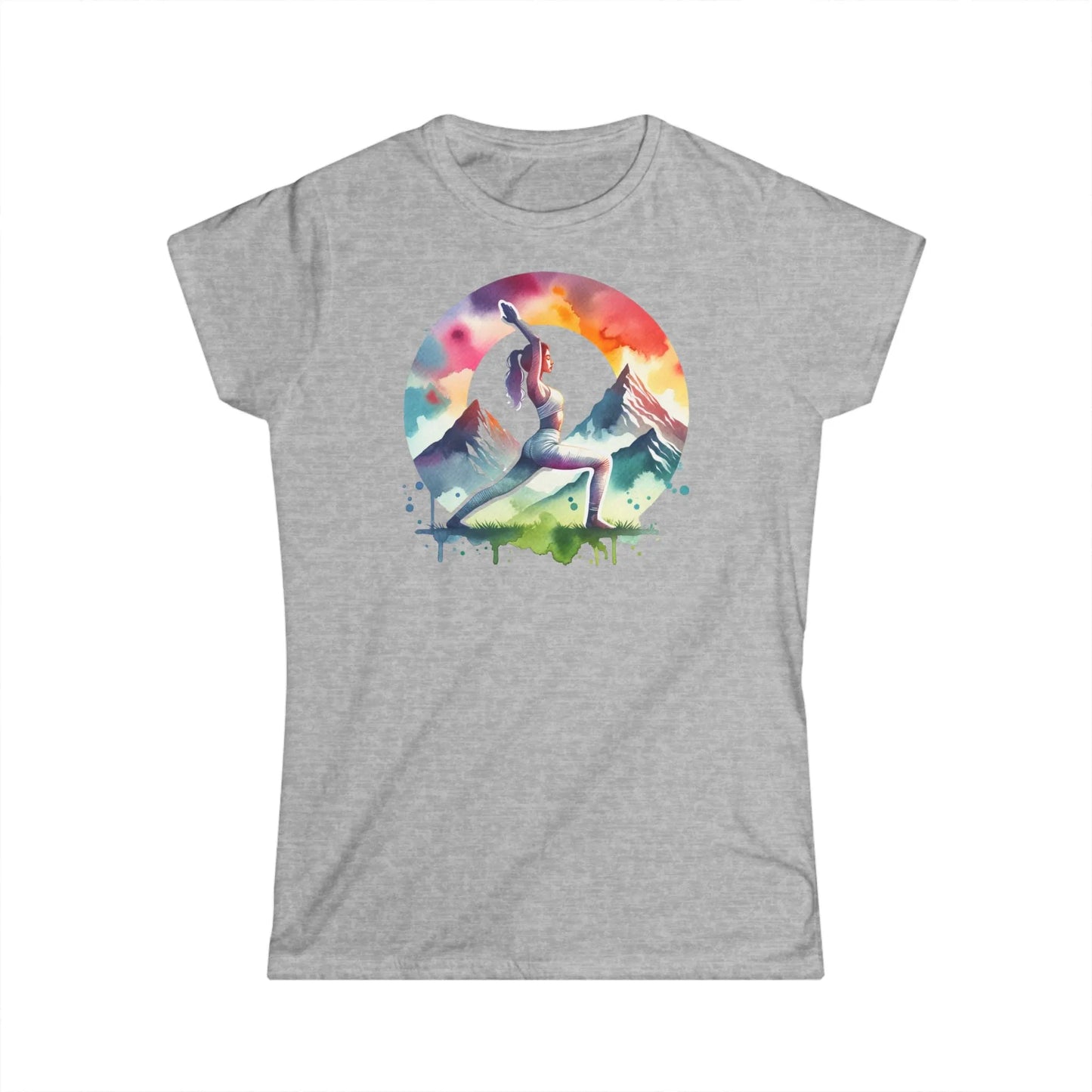 Tailliertes Damen Kurzarm T-Shirt mit Aufdruck – Frauen Shirt mit buntem Yoga Motiv - 100% Baumwolle - 153 g/m² - auch in großen Größen – in vielen Farben - Sport Grey
