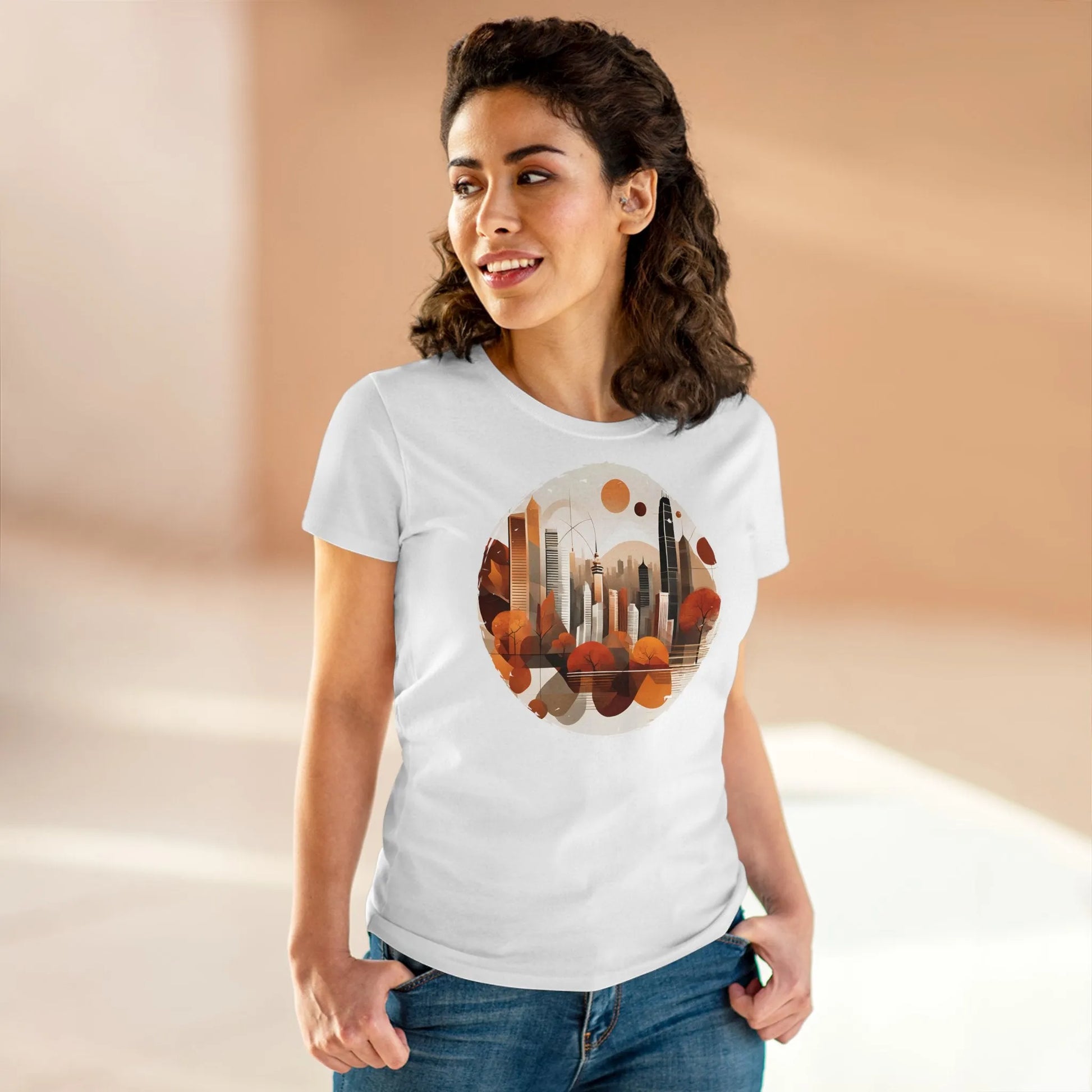 Damen Rundhals Shirt mit modernem Print - modernes Stadtleben im Herbst - tailliertes Kurzarm T-Shirt für Frauen - auch in großen Größen - 100% Baumwolle - 180 g/m² -