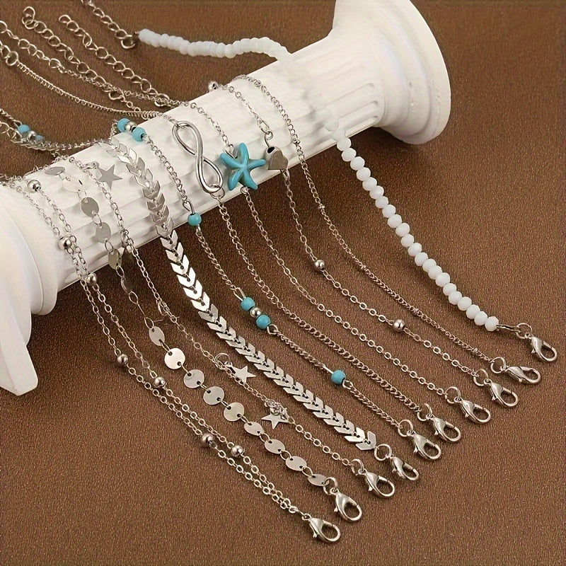 10-teiliges Boho-Fußkettchen-Set für Damen – vintage & sommerlicher Stil mit Seestern und Perlen für Strand und Alltag