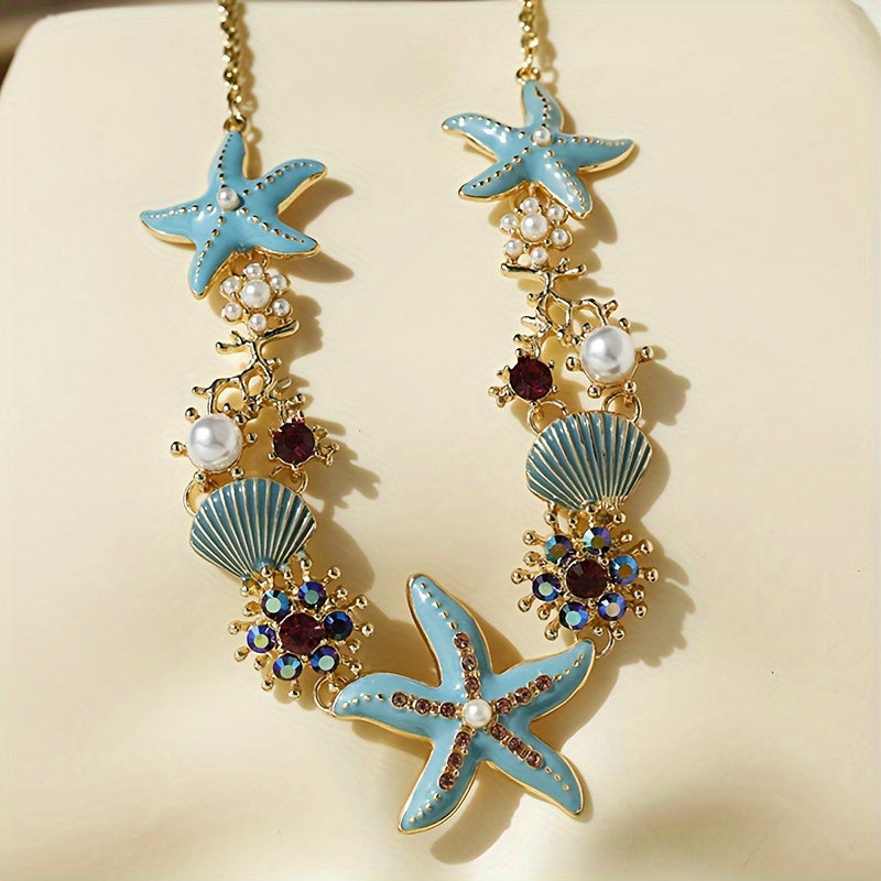 Maritime Damen Halskette mit Seestern, Muschel und Strasssteine auf goldfarbener Kette - 2 wunderschöne Designs