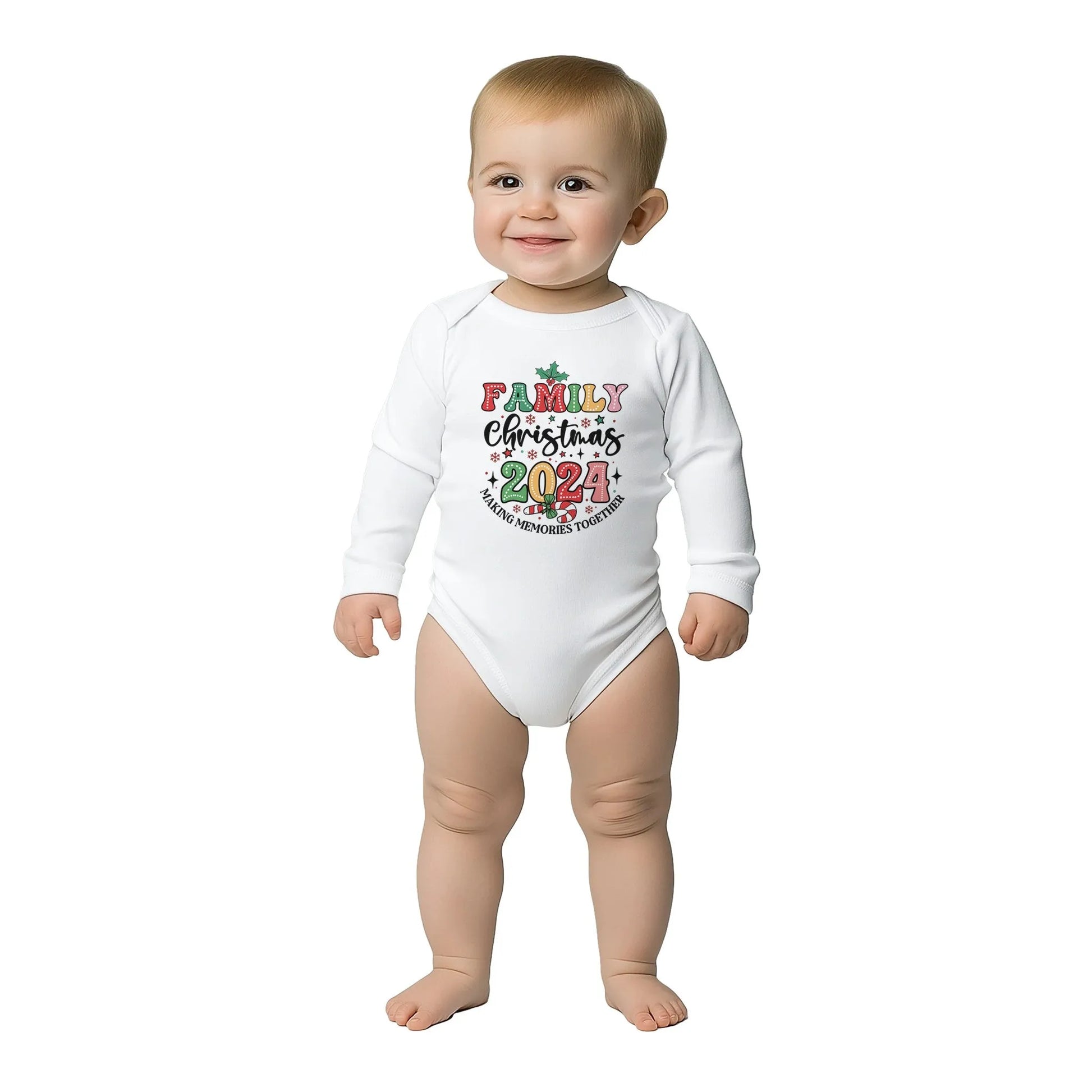 Baby Langarm Body für Weihnachten mit Aufdruck - Family Christmas 2024 - 100% Baumwolle - Größe bis 18 Monate bzw. 86 - Strampler Body mit Muster -