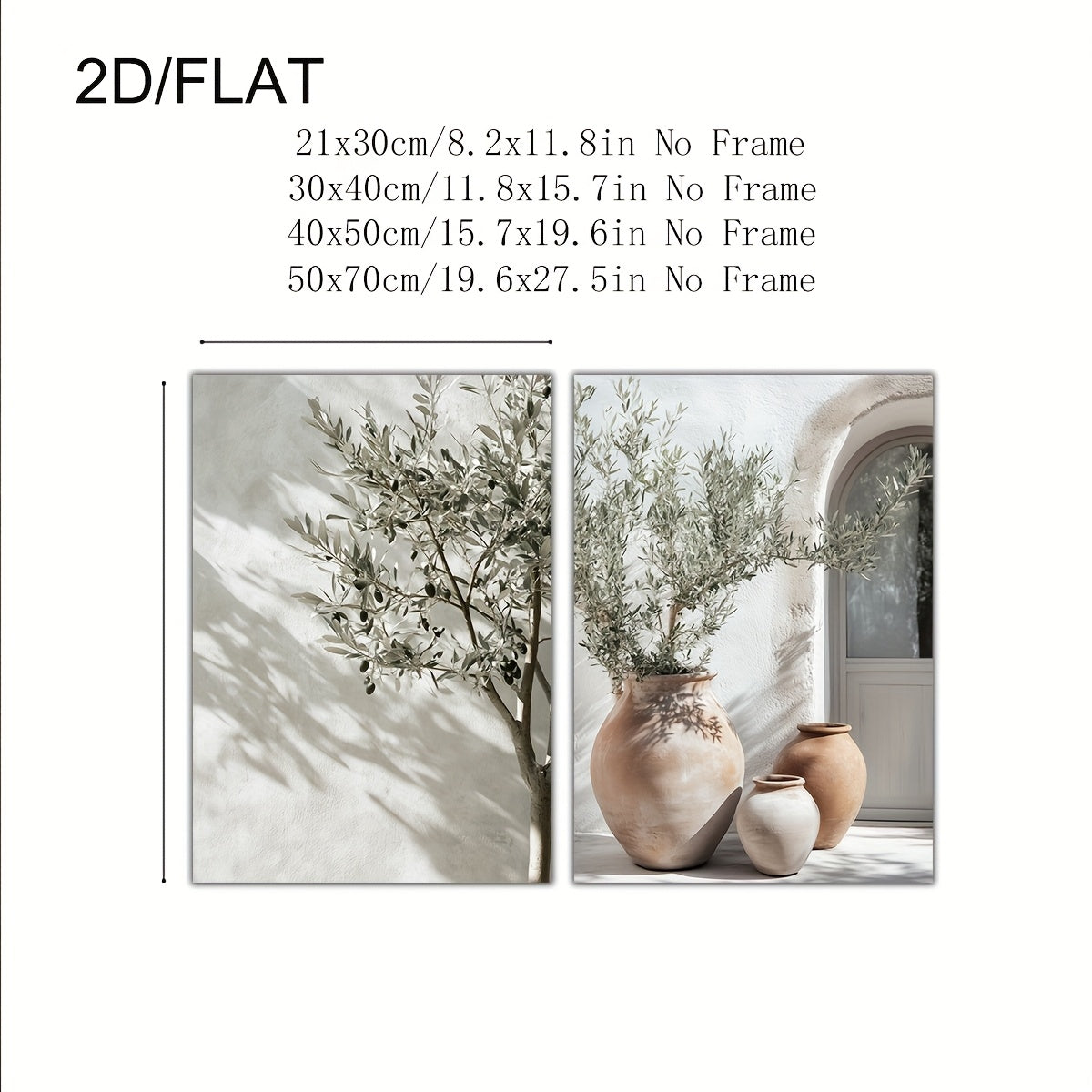 2er-Leinwanddruck-Poster-Set mit Olivenbaum, Tontöpfe & Tor in Salbeigrün, Grau und Weiß  - „Mediterrane Olivenmomente“ – rahmenlose Boho Leinwandkunst