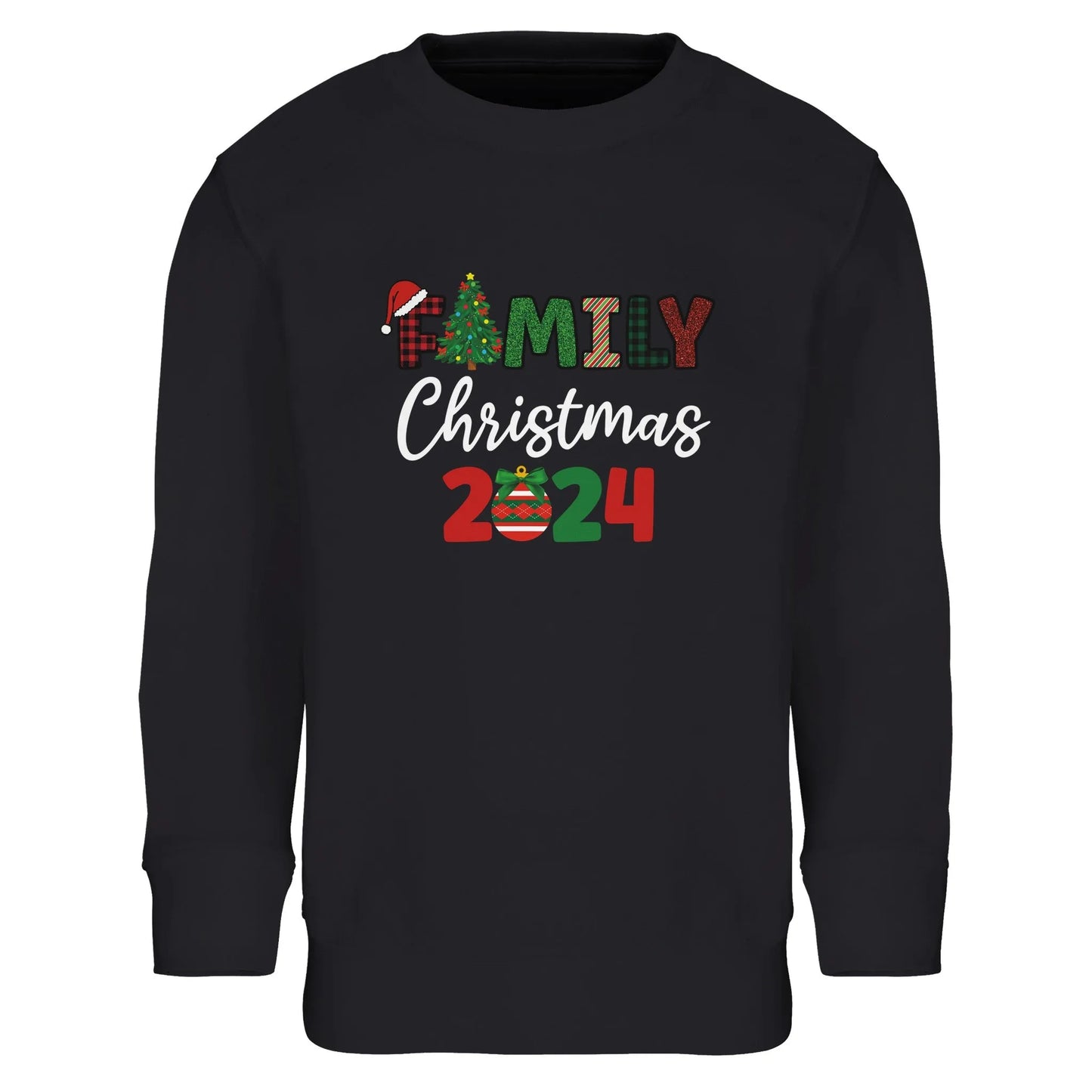 Unisex Kinder Sweatshirt mit Christbaum und Weihnachtskugel - Familiy Christmas 2024 - hübscher Print für Weihnachten und Winter - 4 bis 14 Jahre – in vielen Farben und Größen - Schwarz