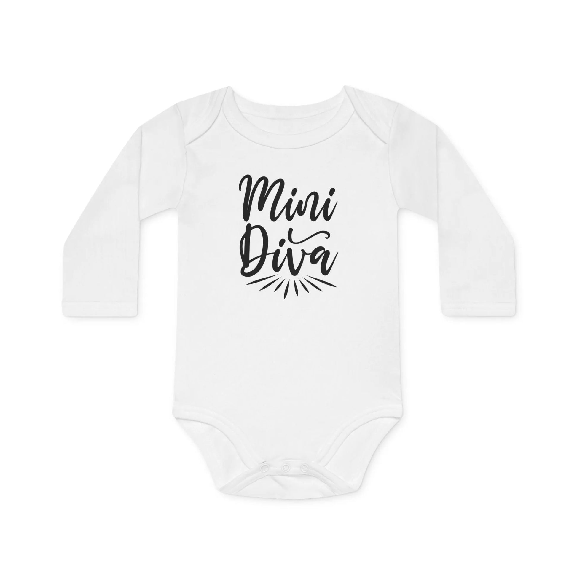 Langarm Baby und Kinder Bio Body mit Spruch "Mini Diva" - Unisex Bodysuit mit Aufdruck für Neugeborene und Kleinkinder - 100% Bio Baumwolle, 200 g/m², bis 18 Monate bzw. 86cm - mehrere Farben und Größen - White