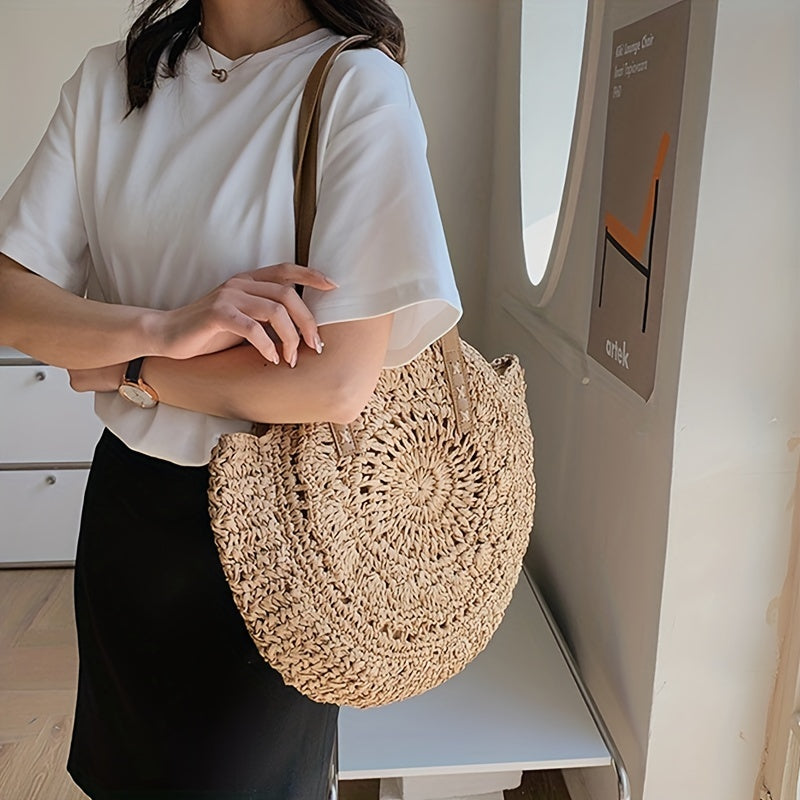 Runde Damen Boho Strohtasche mit Lochmuster – Damen-Umhängetasche für Strand & Sommer in Beige oder Khaki - 43×40 cm, mit Reißverschluss