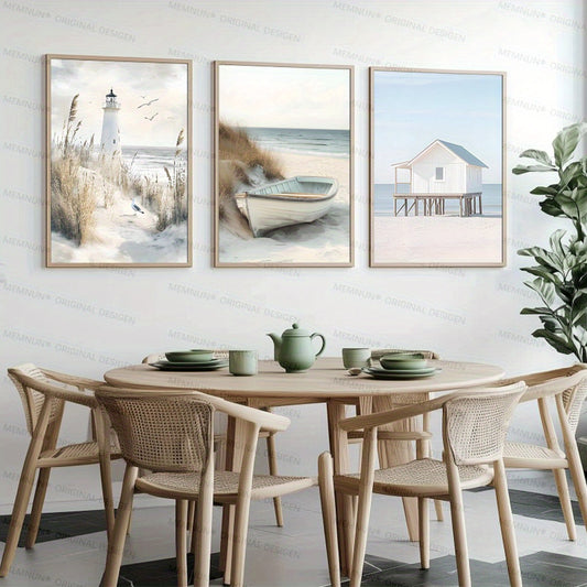 3er-Set Leinwand-Poster „Maritime Sommerträume“ – Rahmenloser Art-Deco Druck mit Leuchtturm, Strandhaus & Boot in sanften Farben