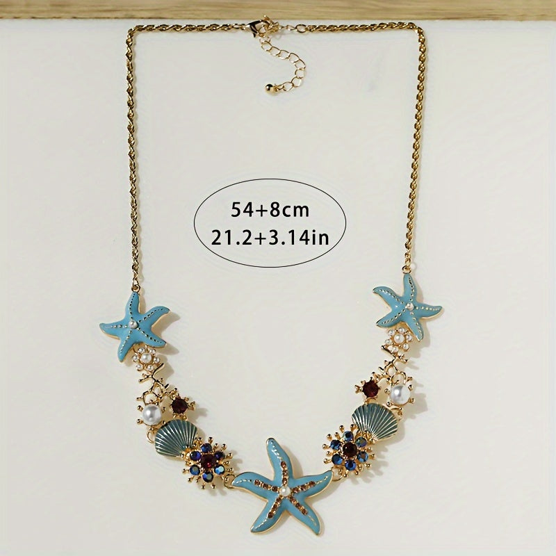 Maritime Damen Halskette mit Seestern, Muschel und Strasssteine auf goldfarbener Kette - 2 wunderschöne Designs