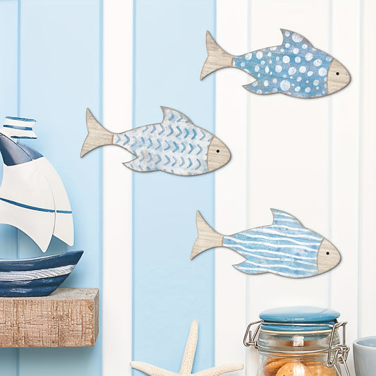 3er-Set handbemalte Holzfisch Wanddekoration (17cm groß) – Maritime Strand-Deko in Blau und Weiß für Badezimmer, Wohnzimmer & Deko-Fischernetz