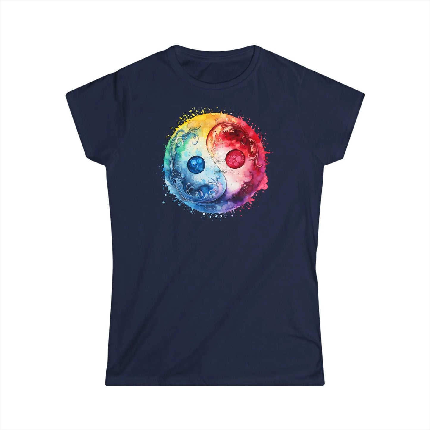 Tailliertes Damen Kurzarm T-Shirt mit Aufdruck mit Yin Yang Motiv - 100% Baumwolle - 153 g/m² - auch in großen Größen – in vielen Farben - Navy