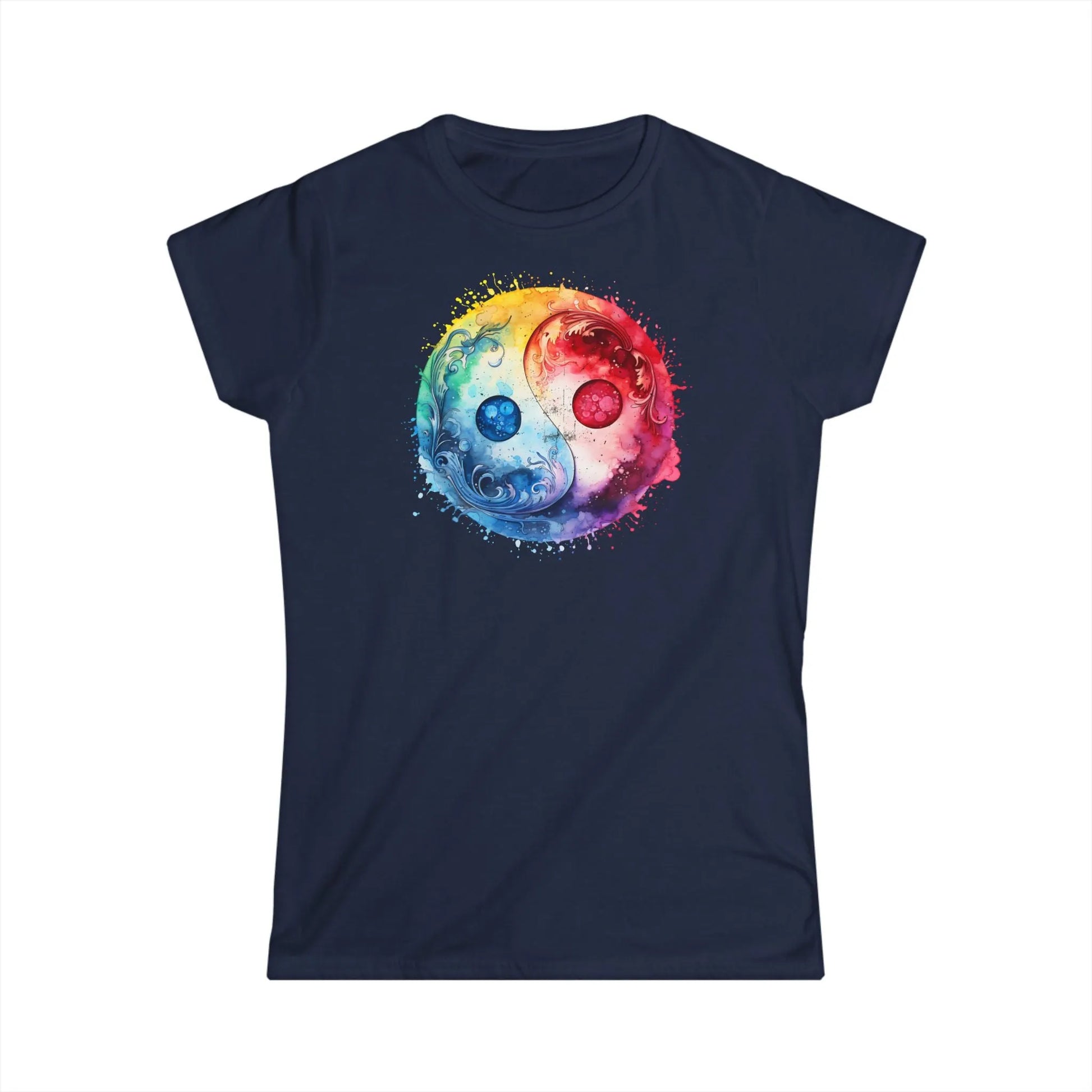 Tailliertes Damen Kurzarm T-Shirt mit Aufdruck mit Yin Yang Motiv - 100% Baumwolle - 153 g/m² - auch in großen Größen – in vielen Farben - Navy