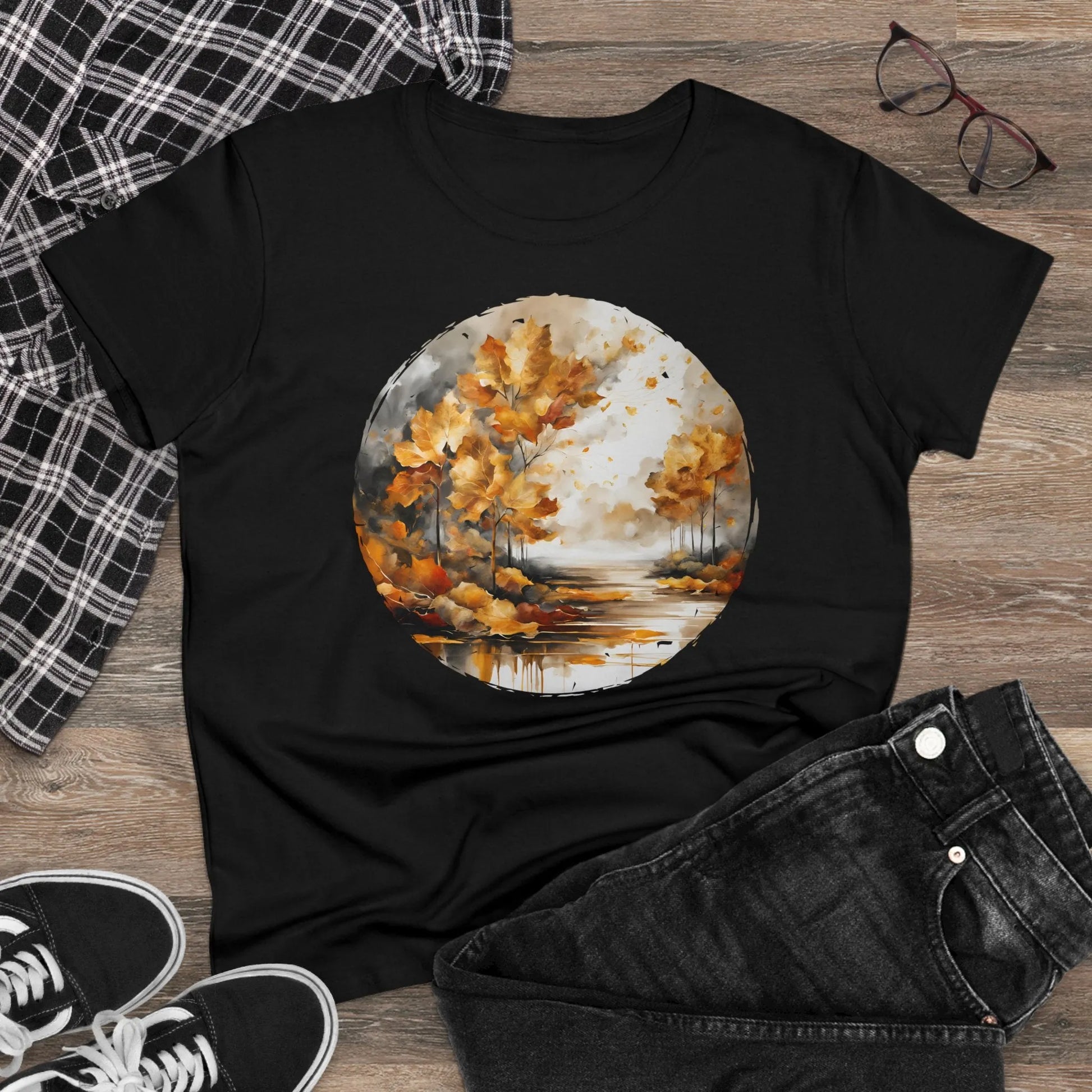 Damen Rundhals Shirt mit modernem Print - Abstrakte Landschaft im Herbst/Winter - tailliertes Kurzarm T-Shirt für Frauen - auch in großen Größen - 100% Baumwolle - 180 g/m² -