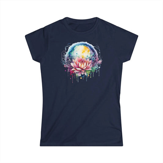 Tailliertes Damen Kurzarm T-Shirt mit Aufdruck – mit tollem Yoga Sonne und Lotusblumen Motiv - 100% Baumwolle - 153 g/m² - auch in großen Größen – in vielen Farben - Navy