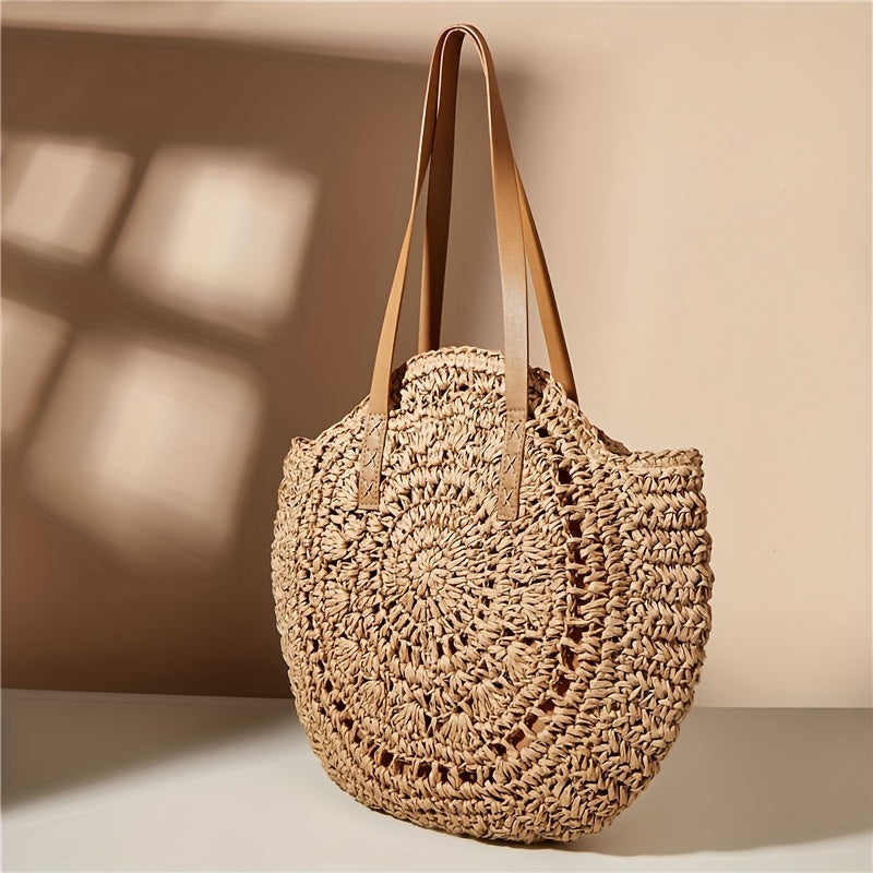 Runde Damen Boho Strohtasche mit Lochmuster – Damen-Umhängetasche für Strand & Sommer in Beige oder Khaki - 43×40 cm, mit Reißverschluss