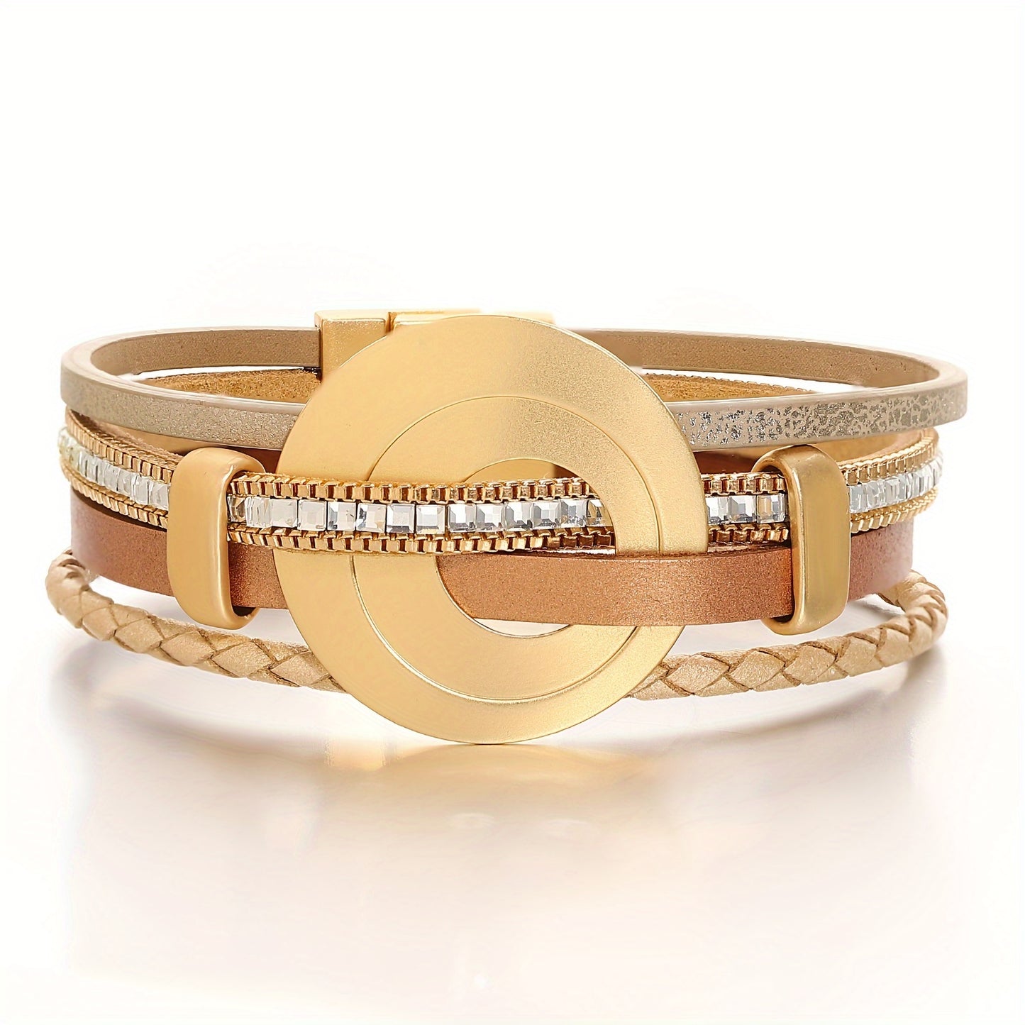 4-teiliges Damen Kunstleder Armband mit Kristallperlen & Goldfarbenem Rundanhänger - 19,2cm lang - in drei tollen Farbrichtungen