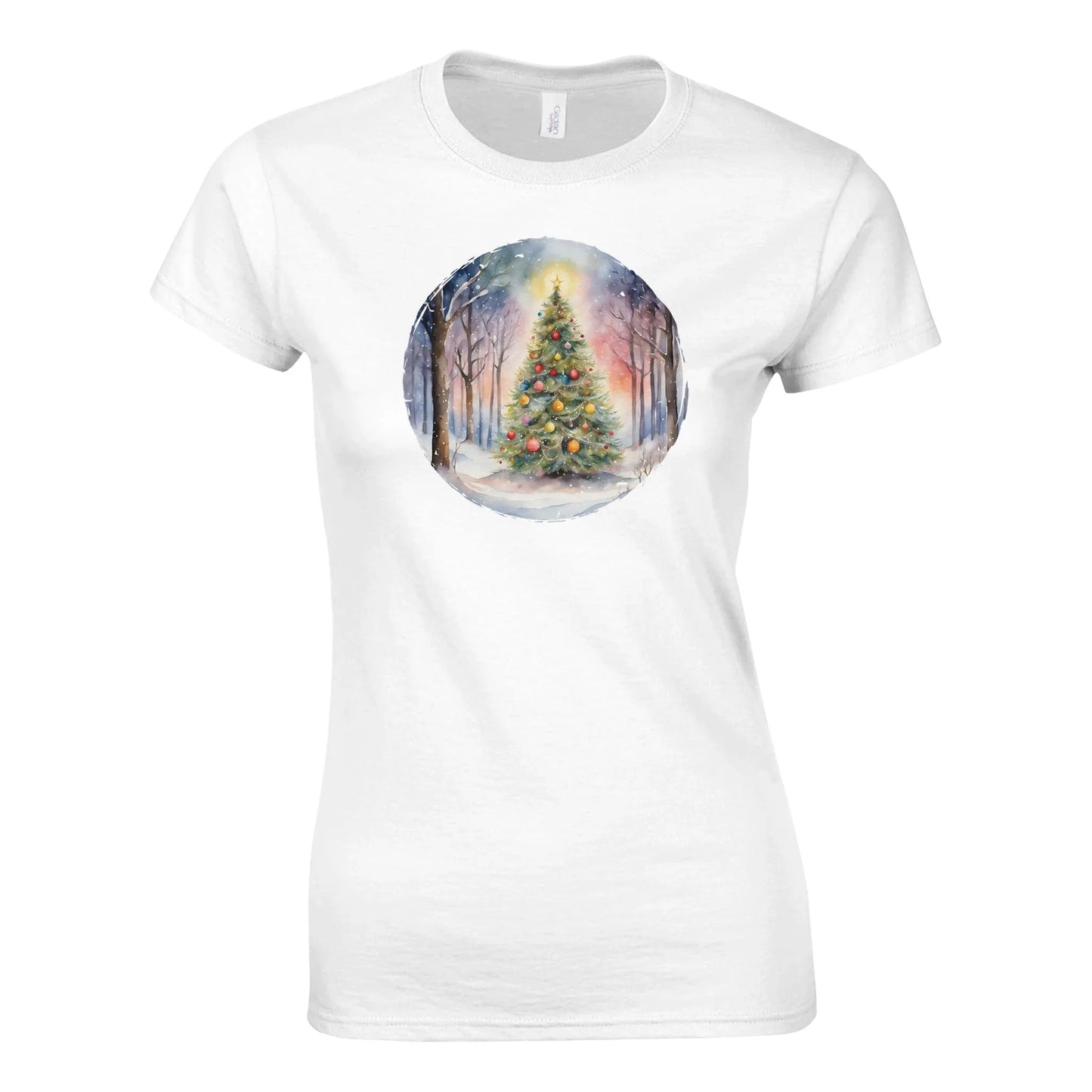 Tailliertes Damen Kurzarm T-Shirt mit Print - bunter im Winterwald - Weihnachten und Winter – viele Farben und große Größen - Weiß