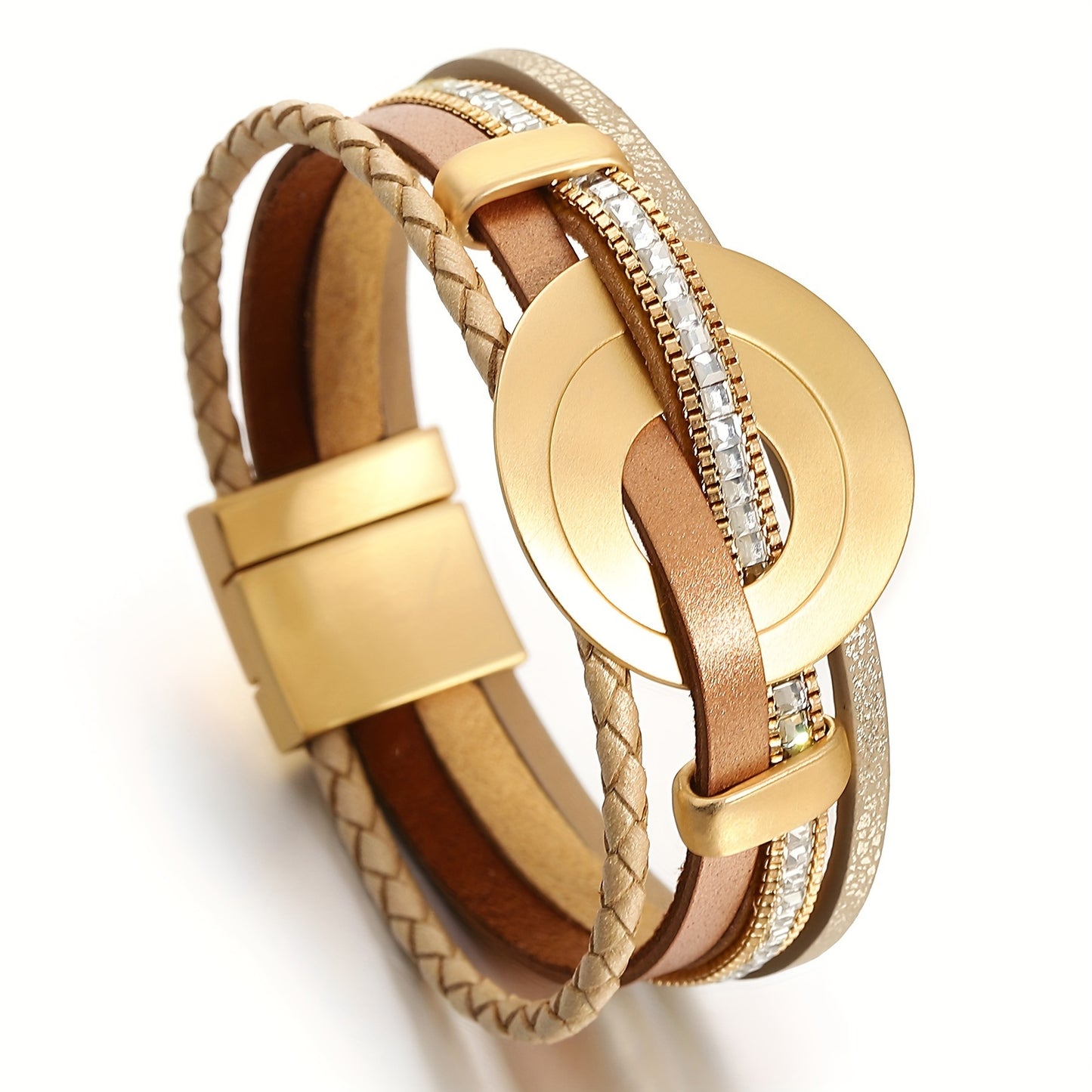4-teiliges Damen Kunstleder Armband mit Kristallperlen & Goldfarbenem Rundanhänger - 19,2cm lang - in drei tollen Farbrichtungen