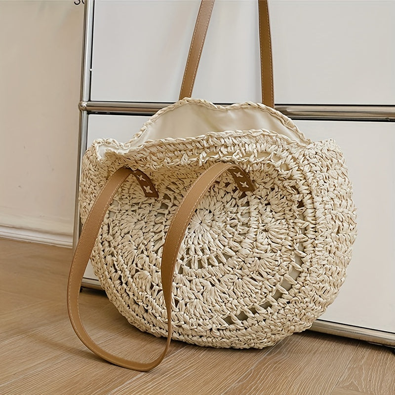 Runde Damen Boho Strohtasche mit Lochmuster – Damen-Umhängetasche für Strand & Sommer in Beige oder Khaki - 43×40 cm, mit Reißverschluss