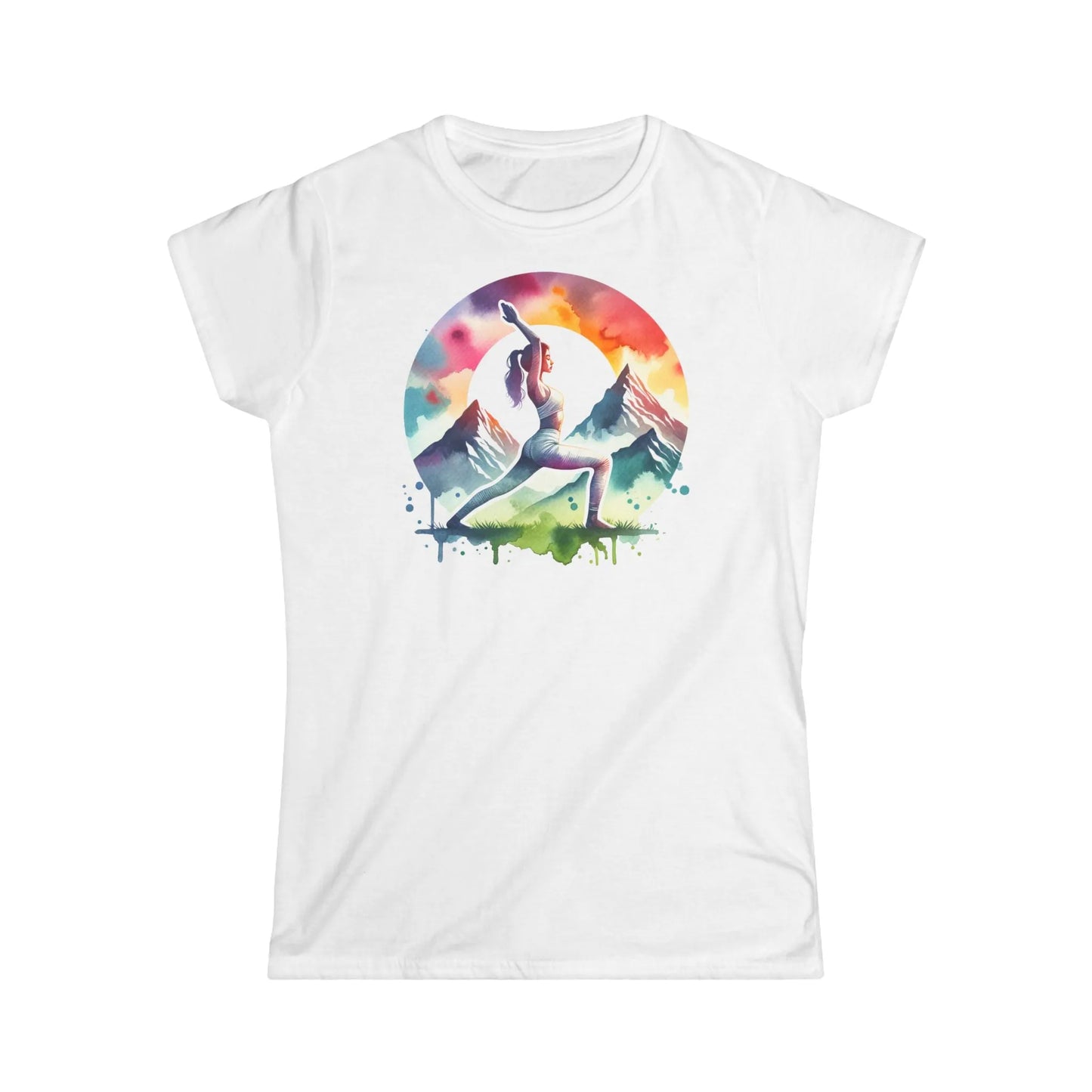Tailliertes Damen Kurzarm T-Shirt mit Aufdruck – Frauen Shirt mit buntem Yoga Motiv - 100% Baumwolle - 153 g/m² - auch in großen Größen – in vielen Farben - White