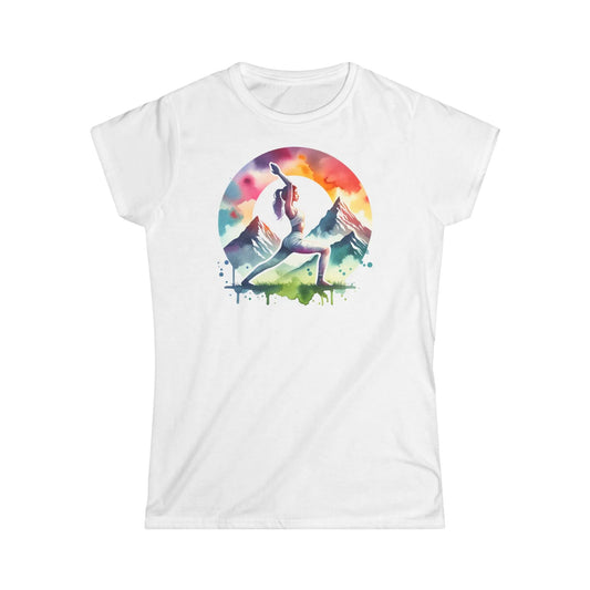 Tailliertes Damen Kurzarm T-Shirt mit Aufdruck – Frauen Shirt mit buntem Yoga Motiv - 100% Baumwolle - 153 g/m² - auch in großen Größen – in vielen Farben - White