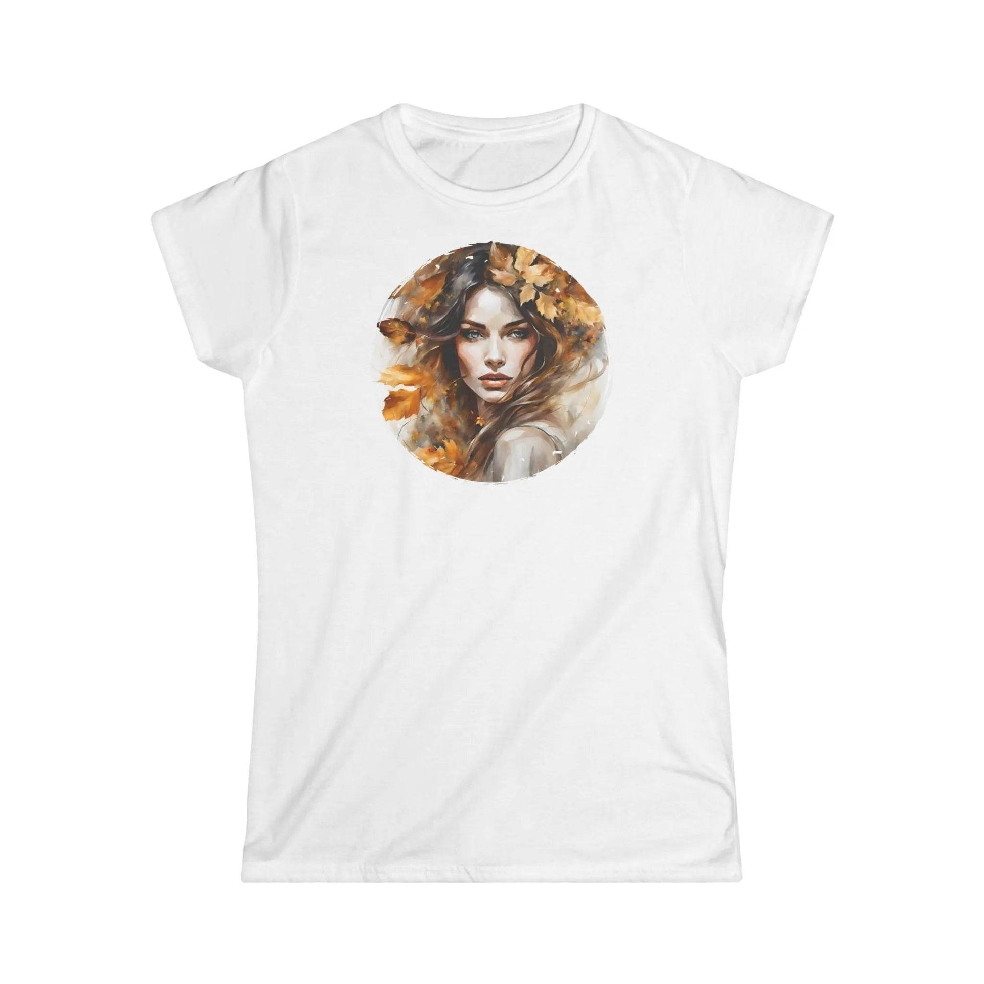 Tailliertes Damen Kurzarm T-Shirt mit Aufdruck – Frau mit Blätter - 100% Baumwolle - 153 g/m² - auch in großen Größen - White