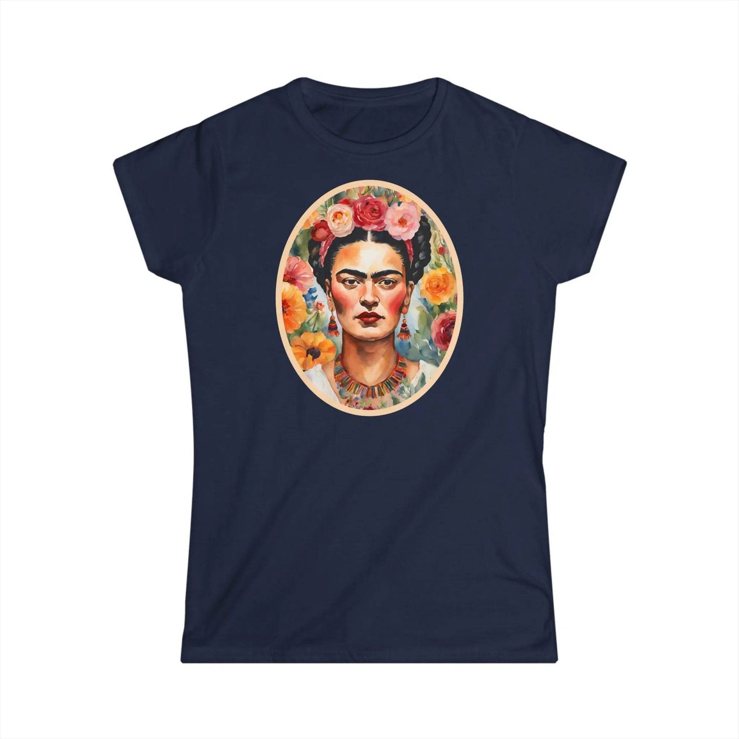 Tailliertes Damen Kurzarm T-Shirt mit Aufdruck – Frida Kahlo im Blumen Meer - 100% Baumwolle - 153 g/m² - auch in großen Größen - viele Farben - Navy