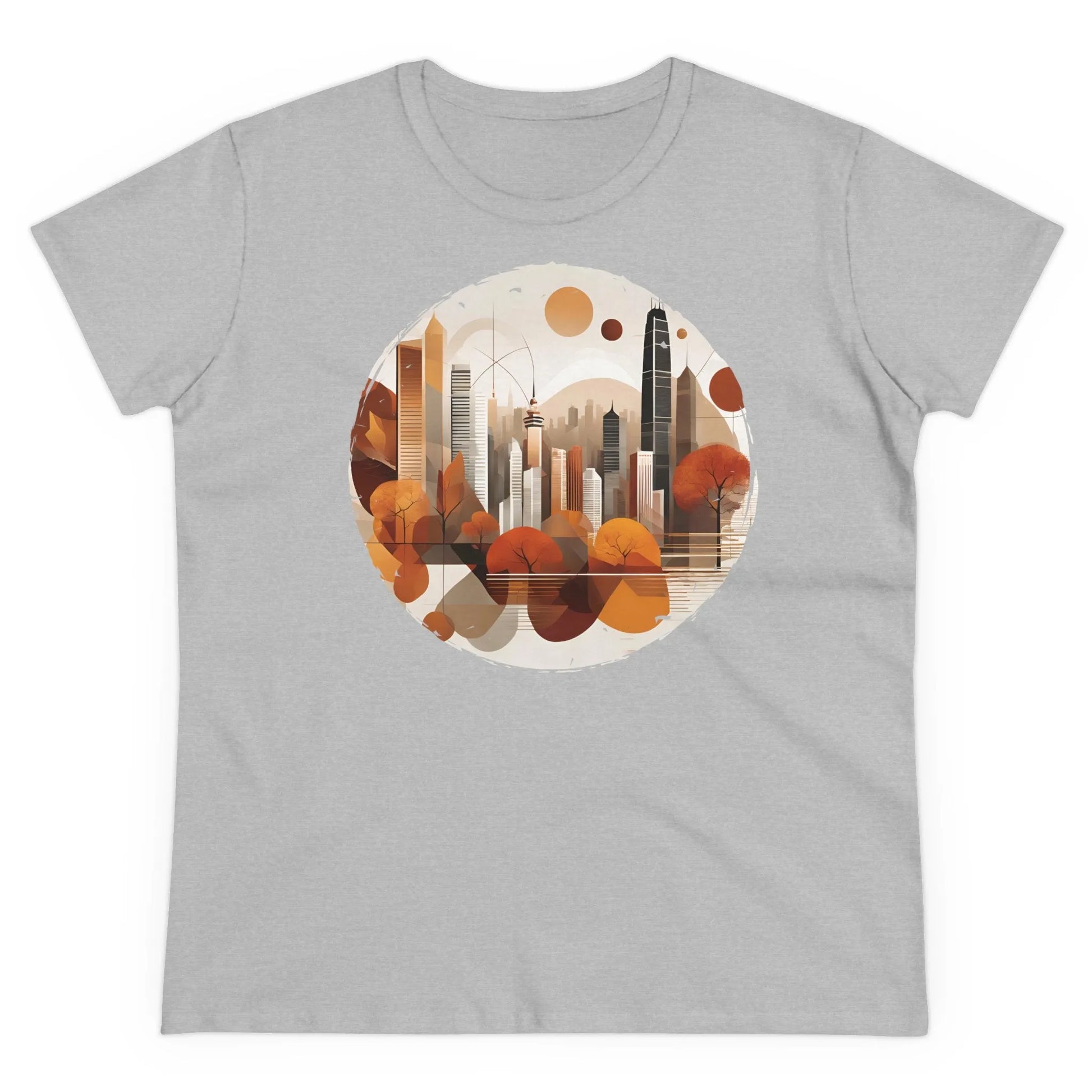 Damen Rundhals Shirt mit modernem Print - modernes Stadtleben im Herbst - tailliertes Kurzarm T-Shirt für Frauen - auch in großen Größen - 100% Baumwolle - 180 g/m² - Sport Grey