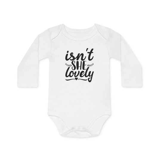 Langarm Baby und Kinder Bio Body mit Spruch "isn´t she lovely" - Unisex Bodysuit mit Aufdruck für Neugeborene und Kleinkinder - 100% Bio Baumwolle, 200 g/m², bis 18 Monate bzw. 86cm - White